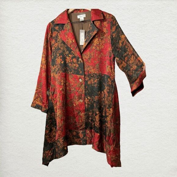 NWT Ania A VTG Floral Artsy Boho Patchwork Button Asymmetrical Red Light Jacket - Picture 2 of 11